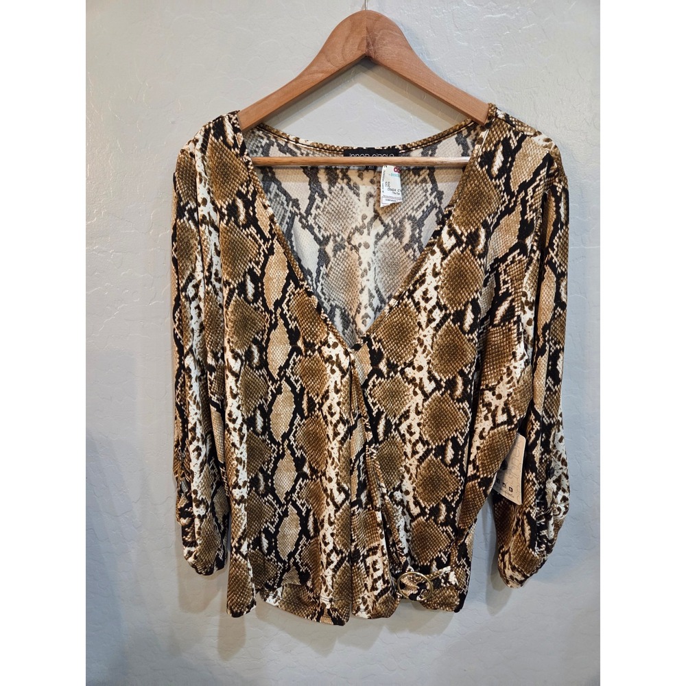 Inner Circle Snakeskin Print Surplice V-Neck Blouse Brown Tan 1X NWT